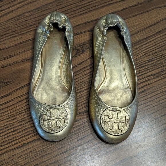 Tory Burch Gold Metallic Leather Flats 7 - Picture 2 of 14